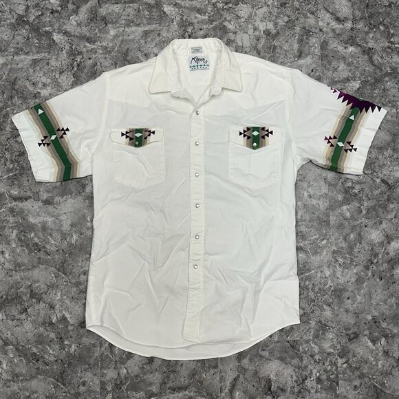 Vintage Roper Border Western Shirt Mens XL White Aztec Tribal Ranch Work Rodeo - Picture 1 of 7